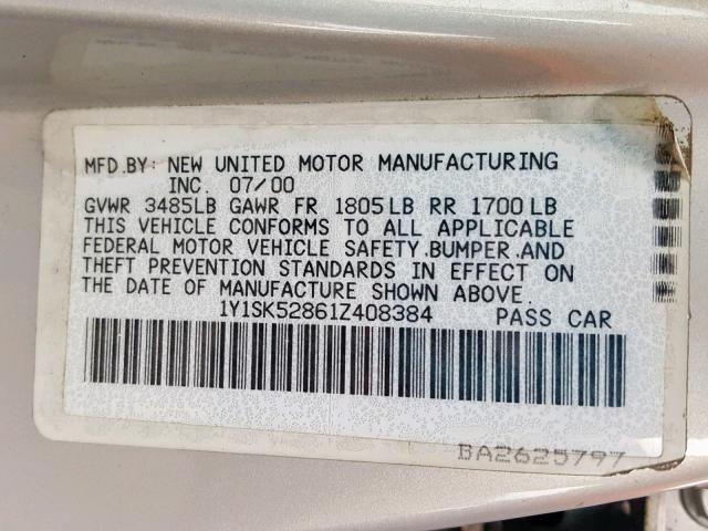 1Y1SK52861Z408384 - 2001 CHEVROLET GEO PRIZM ვერცხლისფერი ფოტო 10