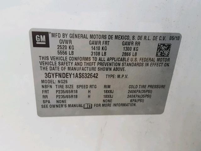 3GYFNDEY1AS632642 - 2010 CADILLAC SRX LUXURY WHITE photo 10