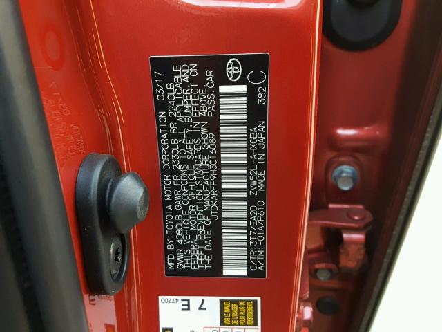JTDKARFP9H3016089 - 2017 TOYOTA PRIUS PRIM წითელი ფოტო 10