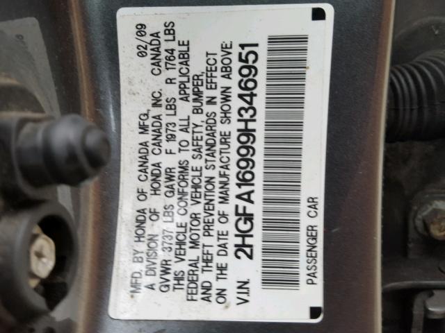 2HGFA16999H346951 - 2009 HONDA CIVIC EXL GRAY photo 10