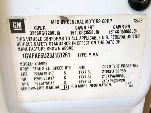 1GKFK66U33J181261 - 2003 GMC YUKON XL D WHITE photo 10