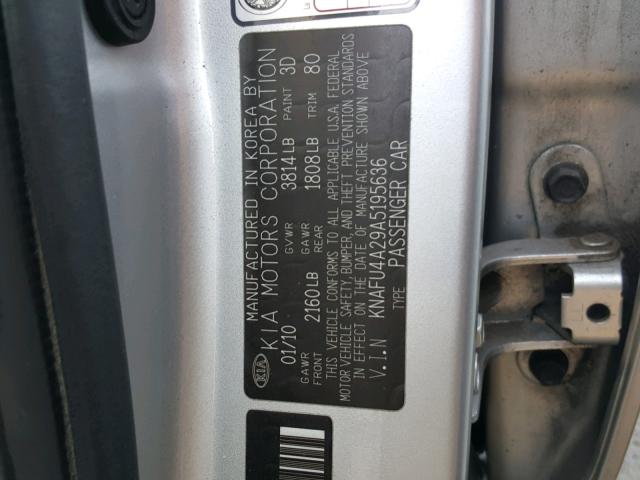 KNAFU4A29A5195636 - 2010 KIA FORTE EX SILVER photo 10