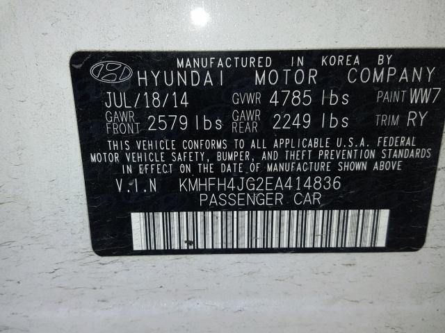 KMHFH4JG2EA414836 - 2014 HYUNDAI AZERA GLS WHITE photo 10