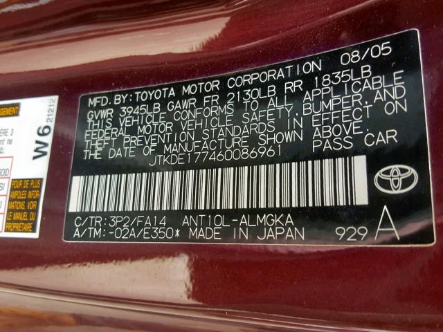 JTKDE177460086961 - 2006 TOYOTA SCION TC ბურგუნდია ფოტო 10