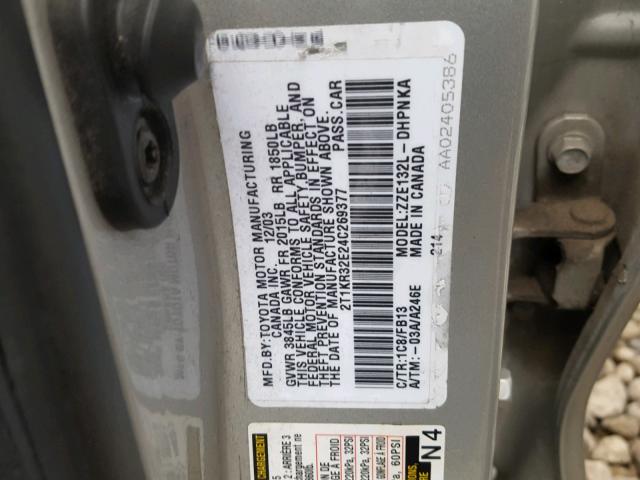 2T1KR32E24C269377 - 2004 TOYOTA COROLLA MA SILVER photo 10