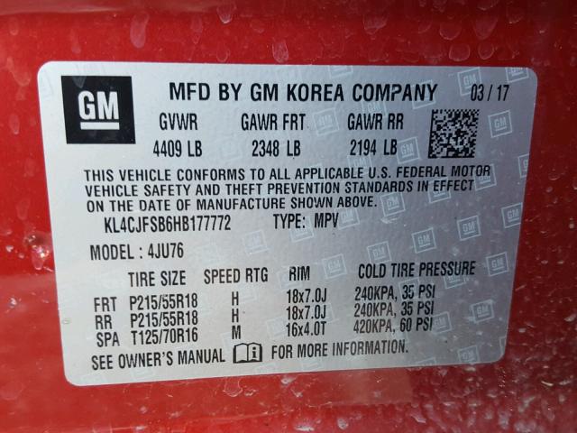 KL4CJFSB6HB177772 - 2017 BUICK ENCORE PRE RED photo 10