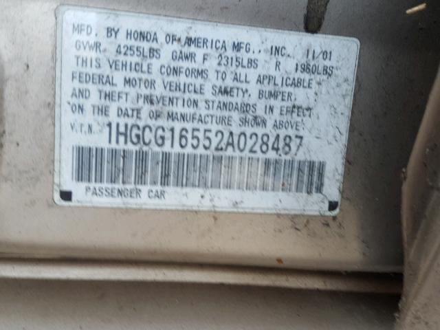 1HGCG16552A028487 - 2002 HONDA ACCORD EX GOLD photo 10