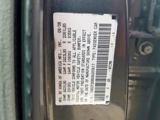 1HGCP26869A005617 - 2009 HONDA ACCORD EXL GRAY photo 10