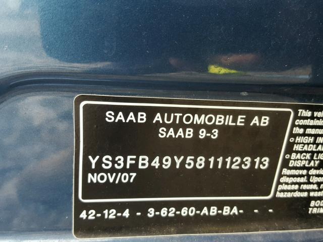 YS3FB49Y581112313 - 2008 SAAB 9-3 2.0T BLUE photo 10