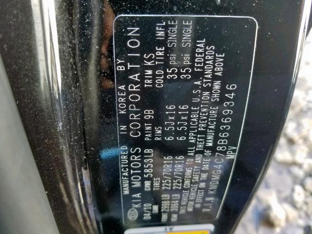 KNDMG4C78B6369346 - 2011 KIA SEDONA LX BLACK photo 10