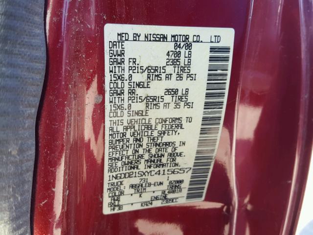 1N6DD21SXYC415657 - 2000 NISSAN FRONTIER X RED photo 10