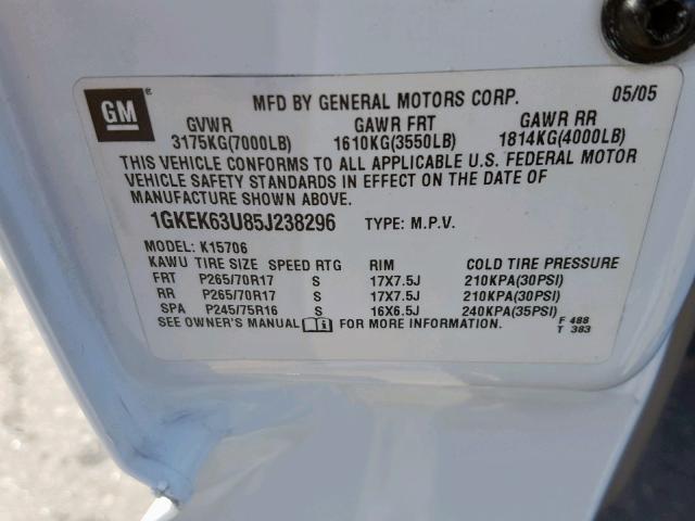 1GKEK63U85J238296 - 2005 GMC YUKON DENA WHITE photo 10