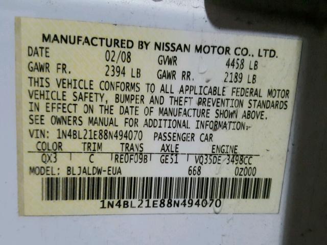 1N4BL21E88N494070 - 2008 NISSAN ALTIMA 3.5 WHITE photo 10