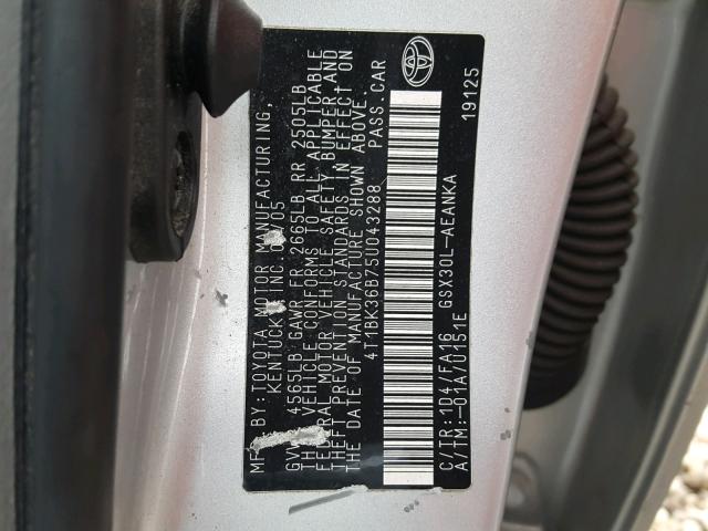 4T1BK36B75U043288 - 2005 TOYOTA AVALON XL SILVER photo 10