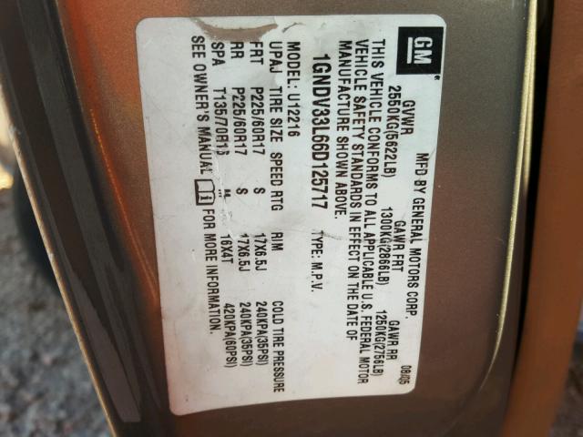 1GNDV33L66D125717 - 2006 CHEVROLET UPLANDER L Bej foto 10