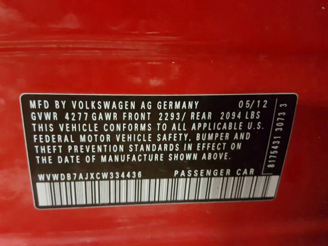 WVWDB7AJXCW334436 - 2012 VOLKSWAGEN GOLF 红色 照片 10