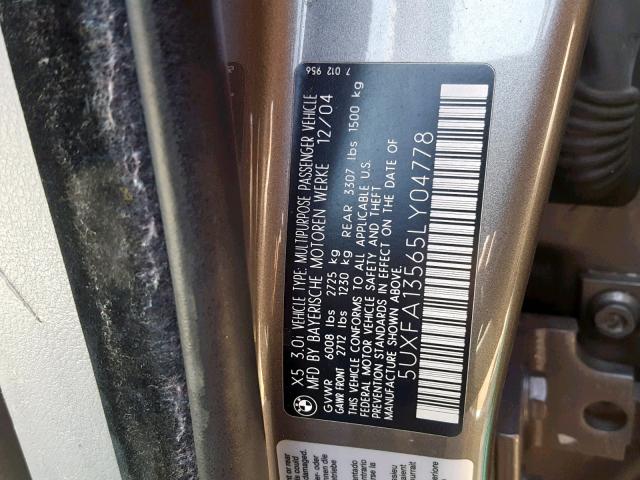 5UXFA13565LY04778 - 2005 BMW X5 3.0I GRAY photo 10