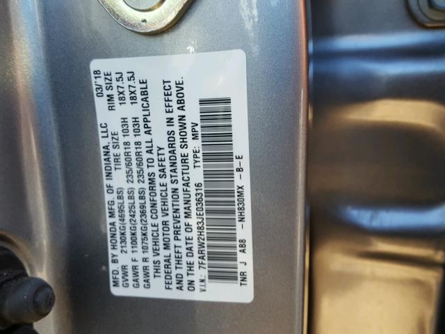 7FARW2H83JE036316 - 2018 HONDA CR-V EXL SILVER photo 10