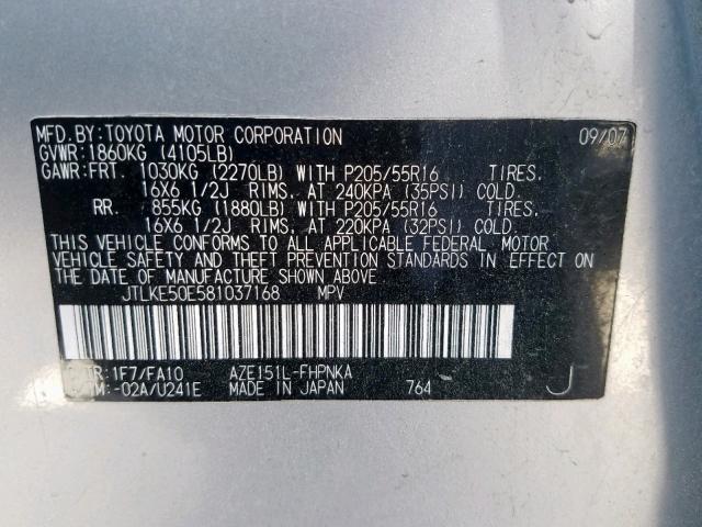 JTLKE50E581037168 - 2008 TOYOTA SCION XB 银色 照片 10