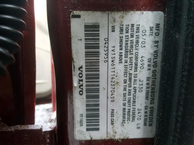 YV1SW61T142370459 - 2004 VOLVO V70 RED photo 10