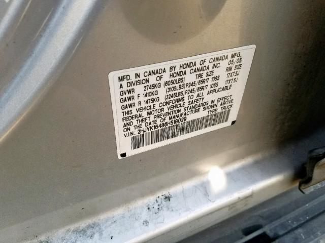 2HJYK16486H518029 - 2006 HONDA RIDGELINE SILVER photo 10