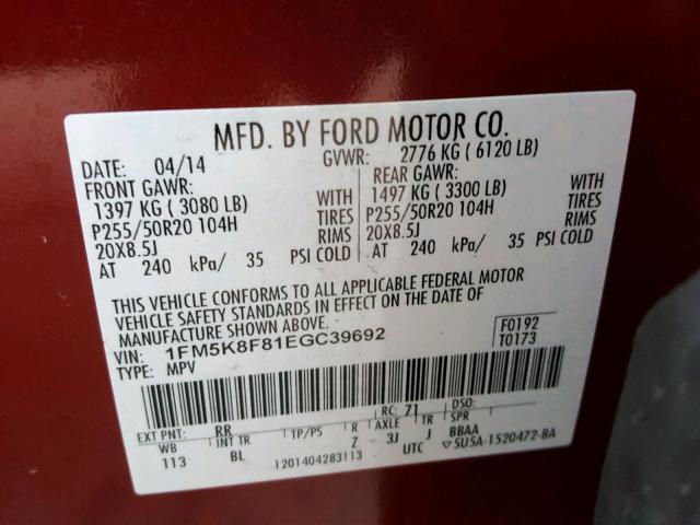 1FM5K8F81EGC39692 - 2014 FORD EXPLORER L RED photo 10