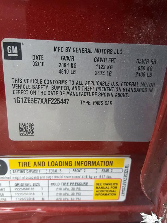 1G1ZE5E7XAF225447 - 2010 CHEVROLET MALIBU LTZ ბურგუნდია ფოტო 10