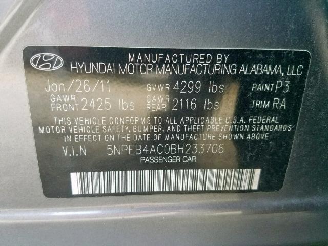 5NPEB4AC0BH233706 - 2011 HYUNDAI SONATA GLS GRAY photo 10