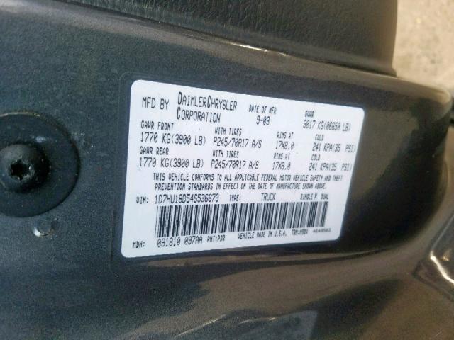 1D7HU18D54S536673 - 2004 DODGE RAM 1500 S GRAY photo 10