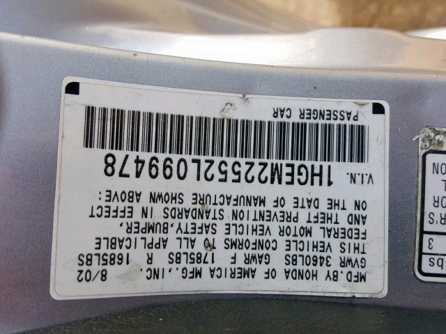 1HGEM22552L099478 - 2002 HONDA CIVIC LX SILVER photo 10