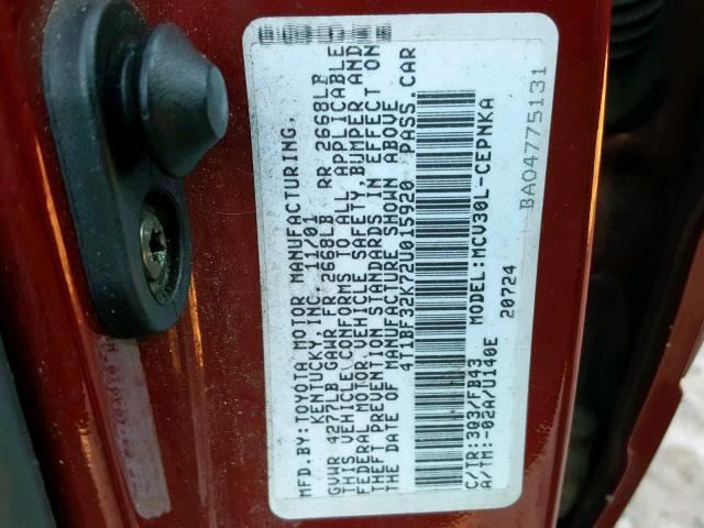 4T1BF32K72U015920 - 2002 TOYOTA CAMRY LE RED photo 10