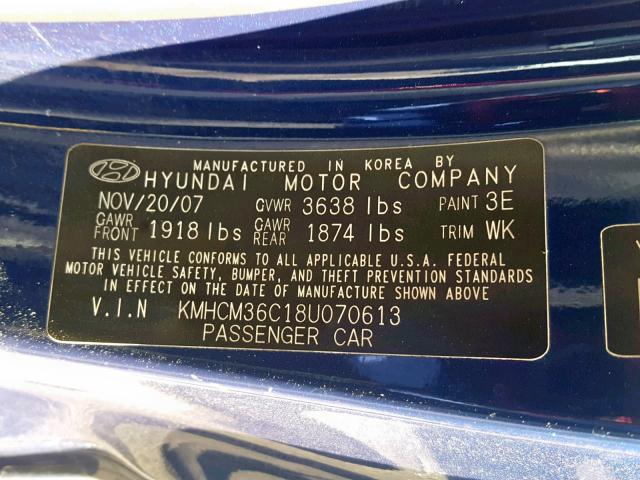 KMHCM36C18U070613 - 2008 HYUNDAI ACCENT GS BLUE photo 10