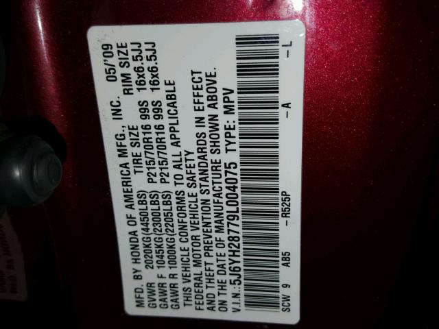 5J6YH28779L004075 - 2009 HONDA ELEMENT EX BURGUNDY photo 10