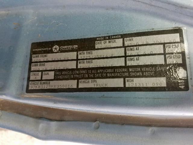 2B7KB31Z5KK350016 - 1989 DODGE RAM VAN B3 BLUE photo 10