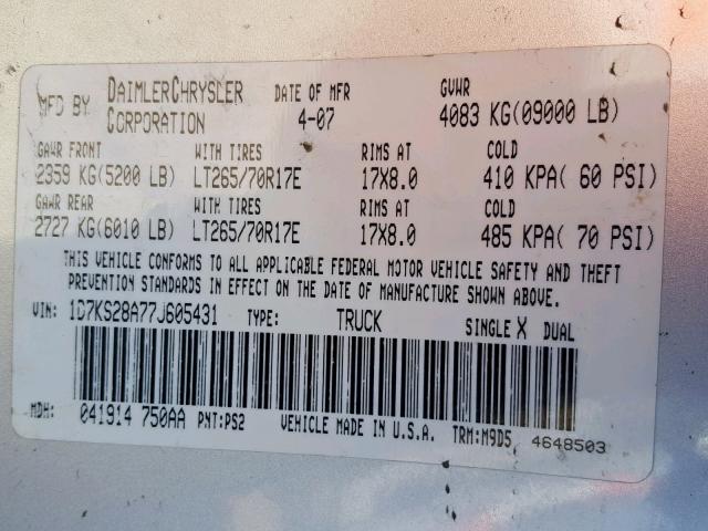 1D7KS28A77J605431 - 2007 DODGE RAM 2500 S ვერცხლისფერი ფოტო 10