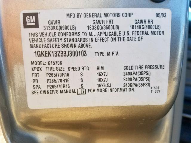 1GKEK13Z33J300103 - 2003 GMC YUKON GRAY photo 10