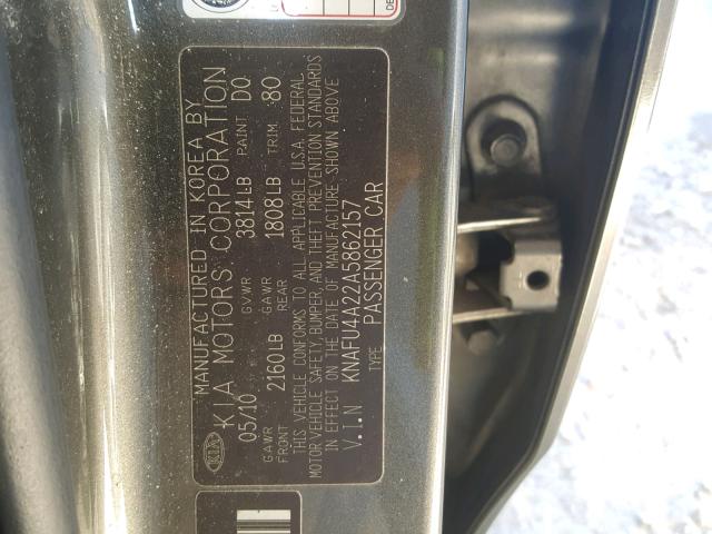 KNAFU4A22A5862157 - 2010 KIA FORTE EX GRAY photo 10