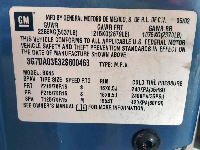 3G7DA03E32S600463 - 2002 PONTIAC AZTEK BLUE photo 10