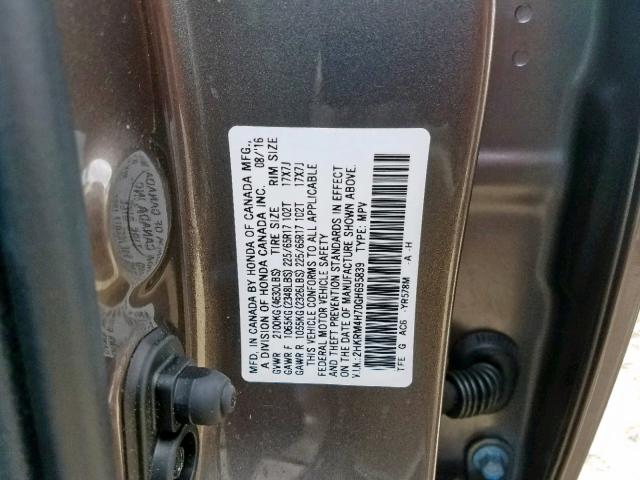 2HKRM4H70GH695839 - 2016 HONDA CR-V EXL GRAY photo 10