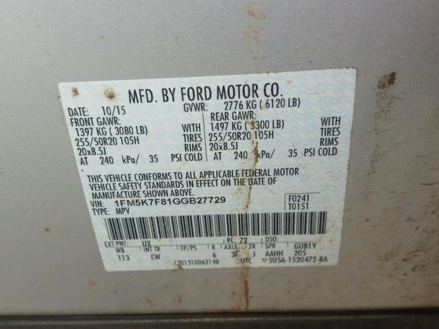 1FM5K7F81GGB27729 - 2016 FORD EXPLORER L SILVER photo 10