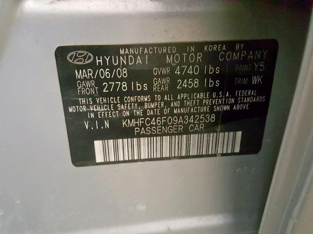 KMHFC46F09A342538 - 2009 HYUNDAI AZERA SE SILVER photo 10