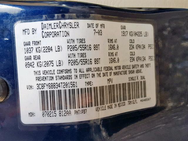 3C8FY68834T201561 - 2004 CHRYSLER PT CRUISER BLUE photo 10