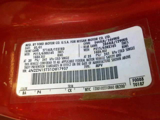4N2ZN15T51D817957 - 2001 NISSAN QUEST GXE RED photo 10