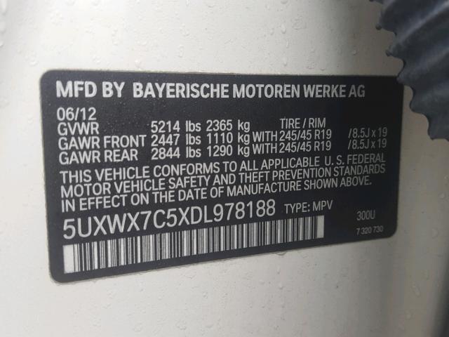 5UXWX7C5XDL978188 - 2013 BMW X3 XDRIVE3 WHITE photo 10