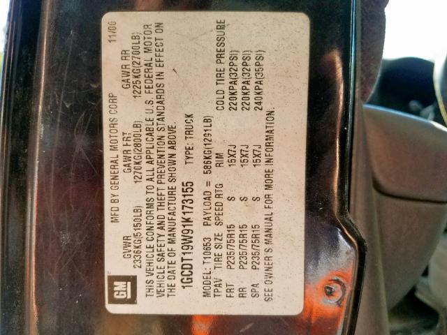 1GCDT19W91K173155 - 2001 CHEVROLET S TRUCK S1 BLACK photo 10