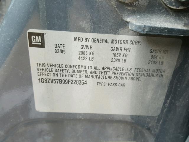 1G8ZV57B99F228354 - 2009 SATURN AURA XR GRAY photo 10