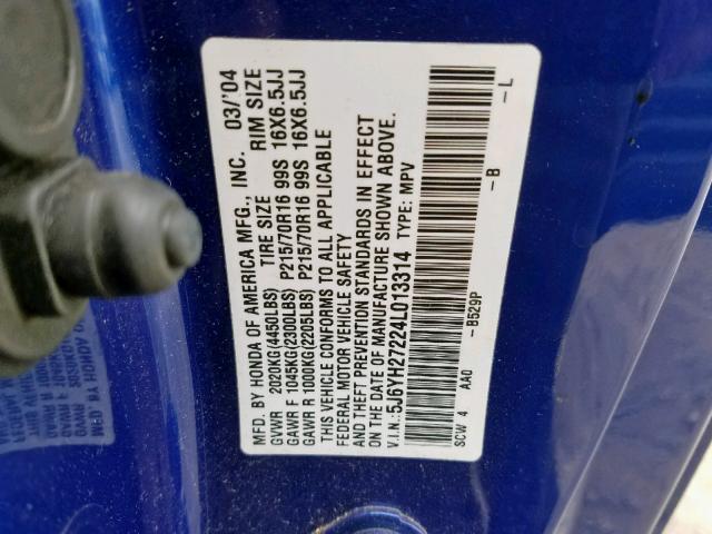 5J6YH27224L013314 - 2004 HONDA ELEMENT DX BLUE photo 10