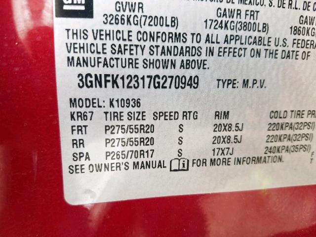 3GNFK12317G270949 - 2007 CHEVROLET AVALANCHE RED photo 10