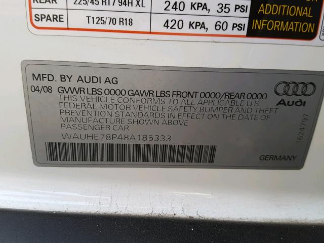 WAUHE78P48A185333 - 2008 AUDI A3 2.0 WHITE photo 10