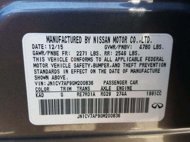 JN1CV7AP9GM200836 - 2016 INFINITI Q50 BASE GRAY photo 10